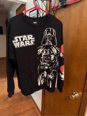 Star Wars Black Crewneck Sweater with Darth Vader Graphic and Red Sleeve Detail